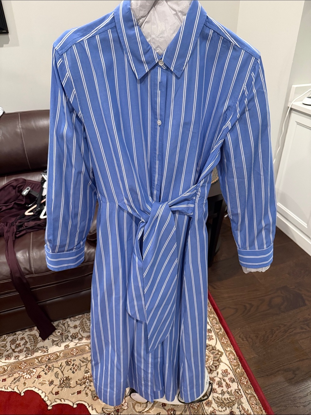 Universal Thread Blue and White Striped Tie-Waist Midi Shirt Dress